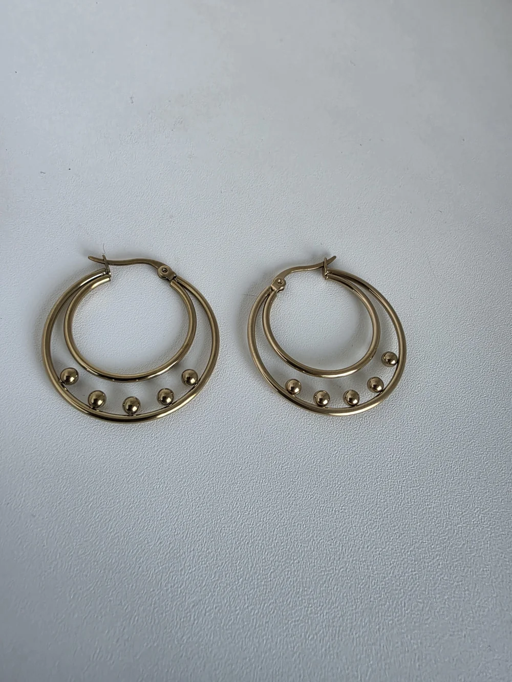 Stainless Steel Gold Double Hoop Beaded Earrings | Modern Minimalist Hoops - Picture 1 of 4